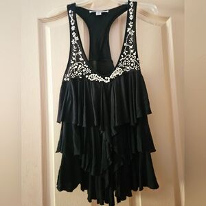 American Rag Life Black Spaghetti Strap Top With Pearl Floral Embroidery